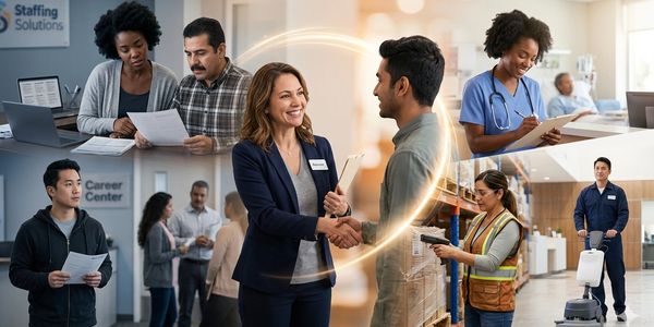 Diverse professionals collaborating and assisting clients in various work and career settings.