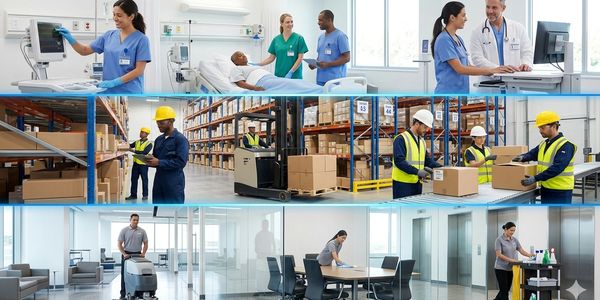 Collage showing healthcare, warehouse, and cleaning workers performing their tasks.