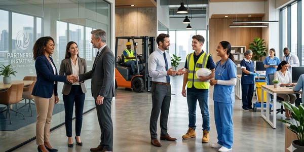 Professionals from diverse fields engage in a staffing agency office.