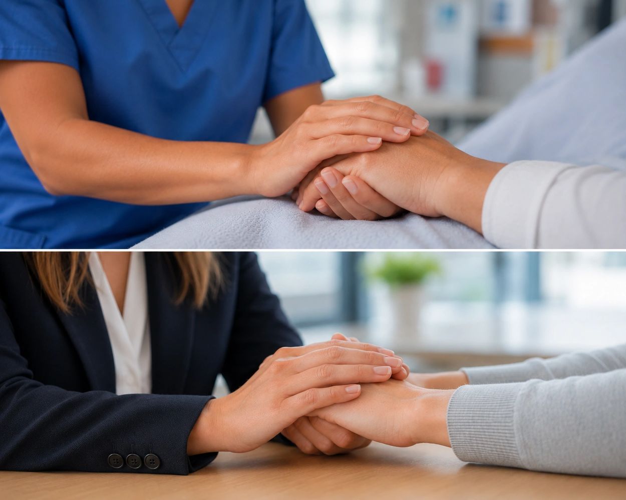 Two people holding hands, one in a healthcare uniform, indicating support and help