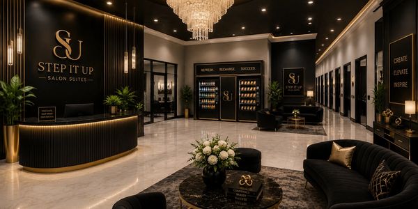 Luxurious salon lobby with elegant black and gold decor and plush seating.