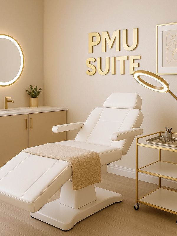 Elegant PMU suite with a white chair and gold accents.