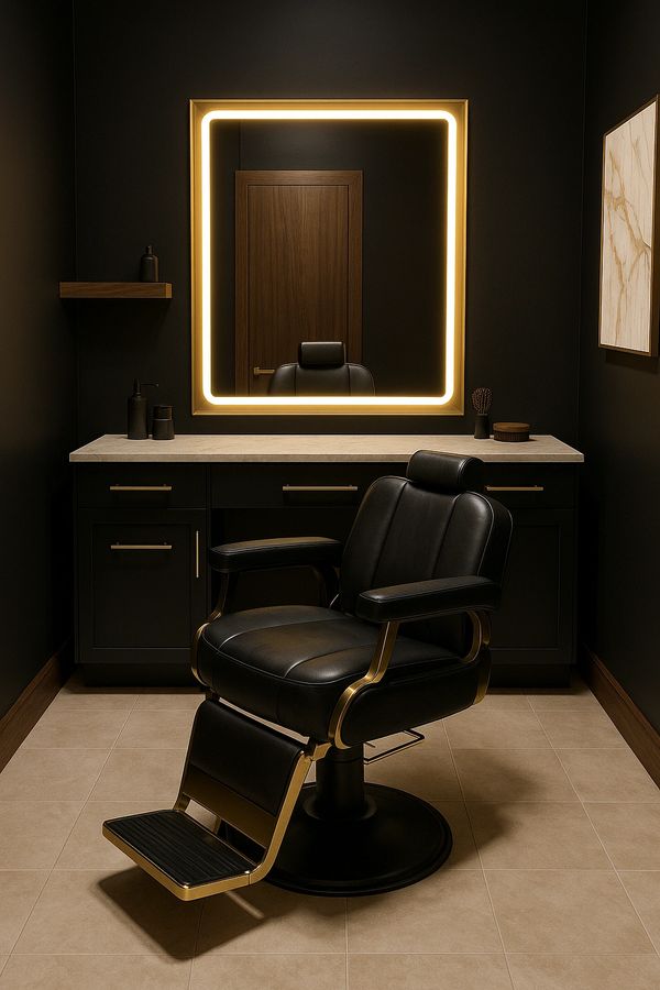 Modern black barber chair in a sleek, dark-themed salon with illuminated mirror.