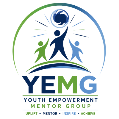 Logo of Youth Empowerment Mentor Group with three figures and a globe.