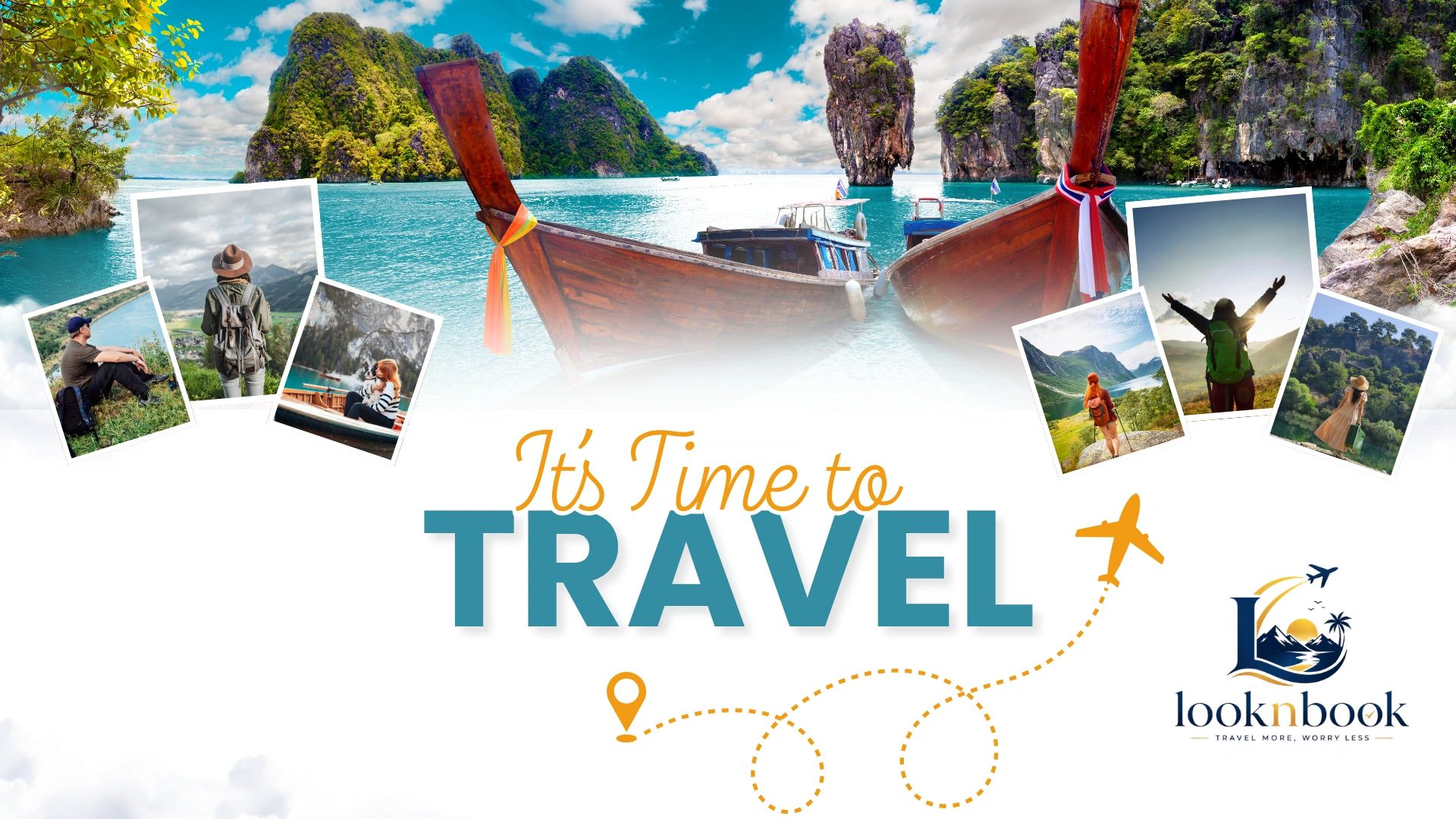 Colorful travel poster with scenic boat and nature shots.