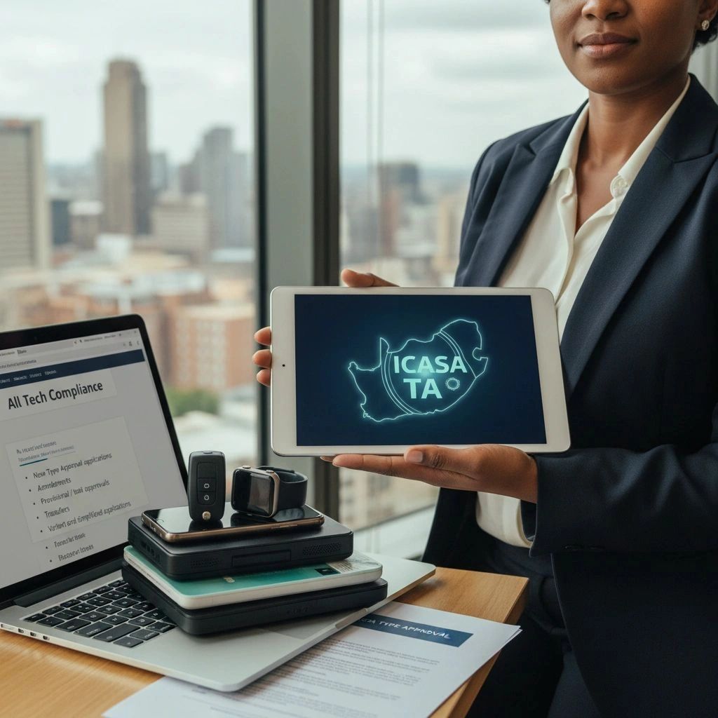 A business professional holds a tablet displaying “ICASA Type Approval.”