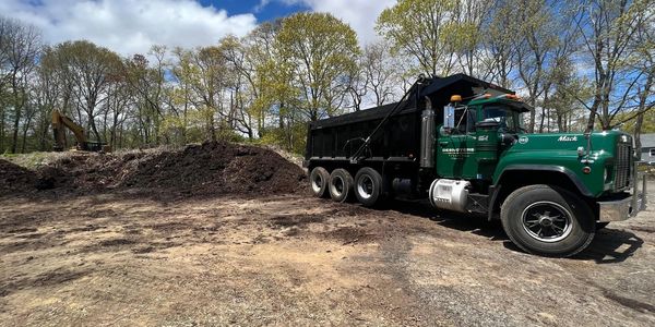 Dump truck loading loam out of worksite.