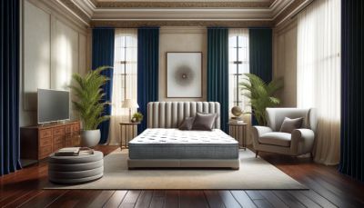 Elegant bedroom with modern decor and a large bed.