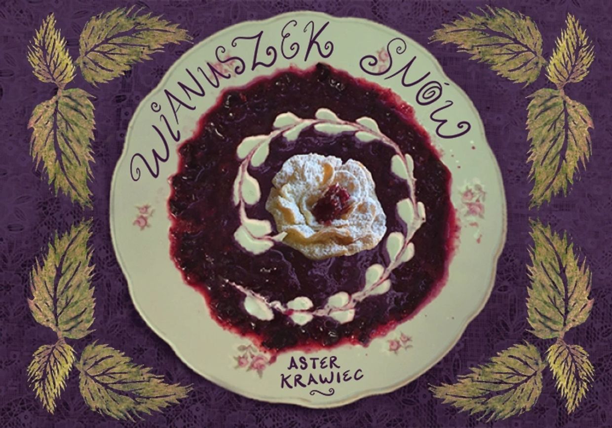 Decorative plate with dessert and floral pattern on purple background.