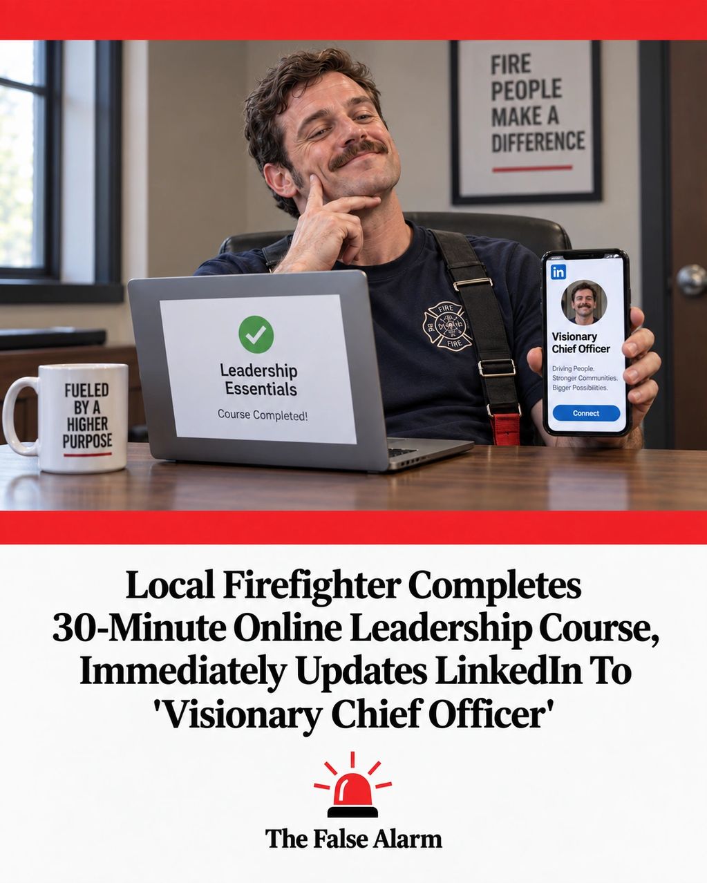 Firefighter proudly updates LinkedIn after leadership course.
