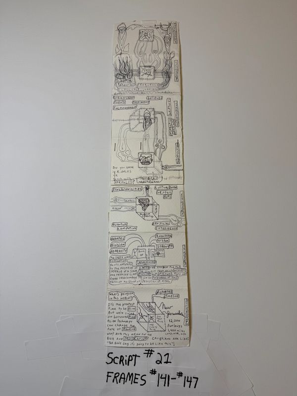 Hand-drawn script with detailed notes and sketches on a long strip of paper.