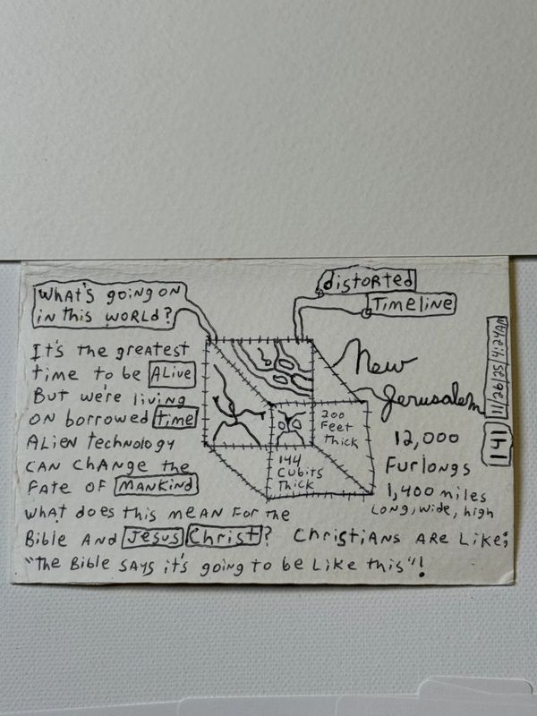 Handwritten note discussing a distorted timeline and biblical prophecy.
