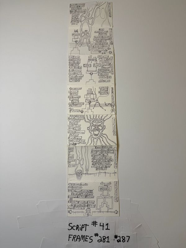 Hand-drawn vertical storyboard with notes and diagrams.