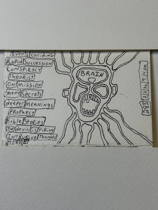 Abstract drawing with text and a screaming face labeled 'BRAIN'.