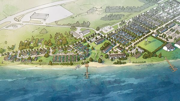 
An architectural drawing of a community, with buildings, green spaces, and a waterfront.