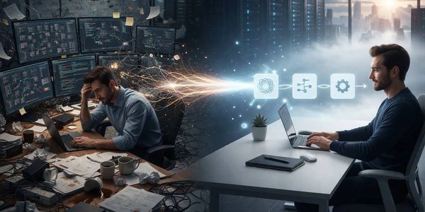 A stressed man transfers ideas to a calm man through digital icons.