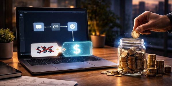 Person placing a coin in a jar beside a laptop showing dollar signs.
