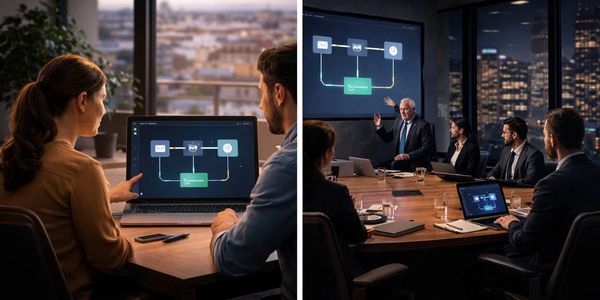 Two images showing business professionals collaborating and presenting workflow diagrams in office settings.