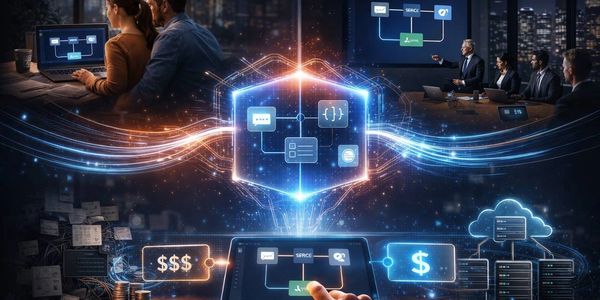 Digital finance and data flow connecting teams and cloud storage.