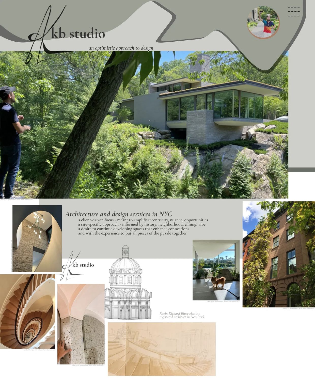 Architectural design portfolio showcasing modern and classical styles with nature integration.