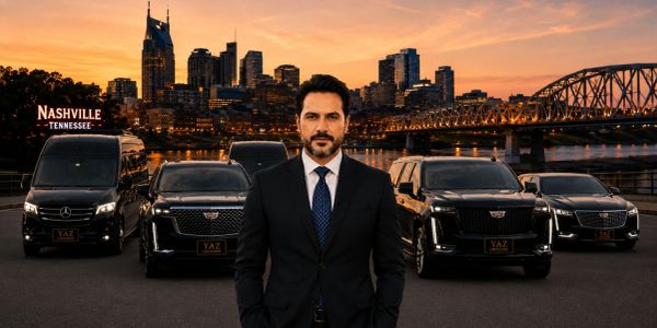 Man in suit with cars and Nashville skyline at sunset.