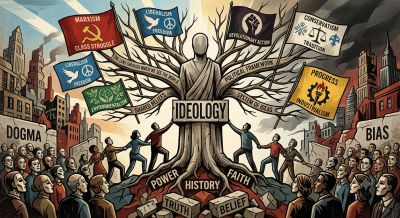 A tree symbolizing ideology with branches of political and social beliefs.