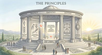A temple-like structure symbolizing core human values and principles.