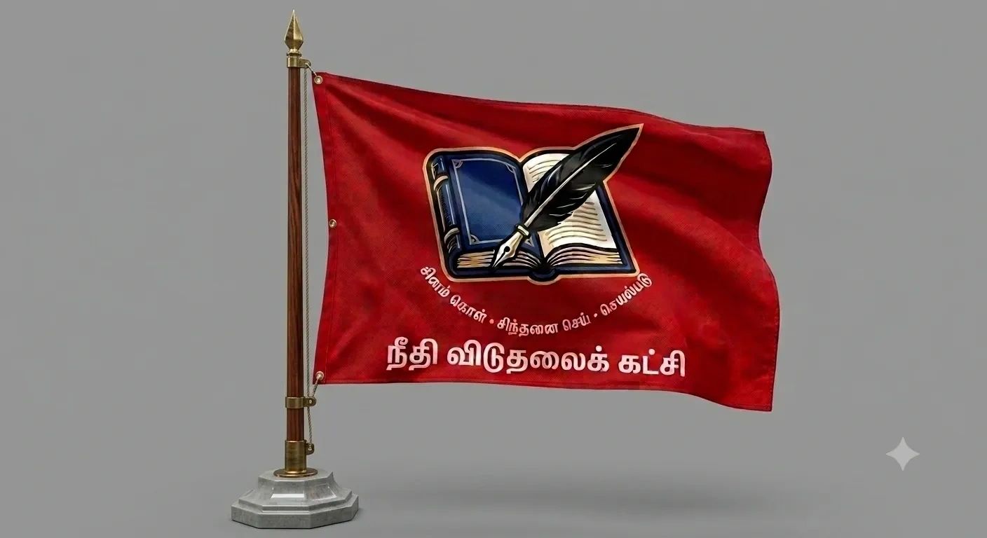 Red flag with an open book and quill logo and Tamil text.