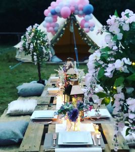 Bell tent, low level garden picnic, balloons, garden party, glamping, 