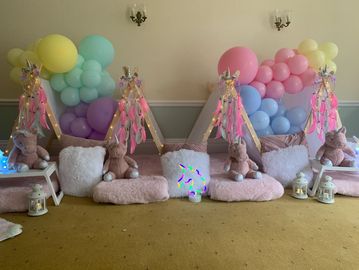 Teepee sleepover, teepees, little indoor tents, children’s birthday sleepover, unicorn theme