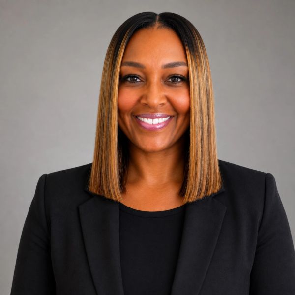 Professional woman smiling with straight hair in a black blazer.