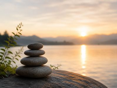 Stacked stones beside a peaceful lake at sunrise. 