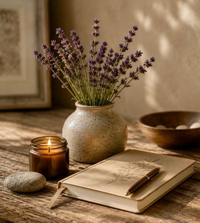 Lavender, candle, journal, and pen on a warm wooden table. 
