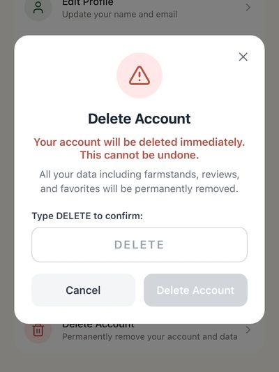 Account deletion confirmation prompt with warning about permanent data loss.