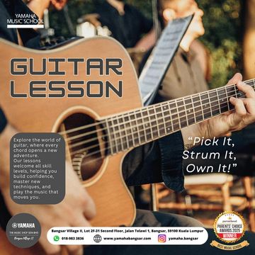 Close-up of a guitar lesson with motivational text and a player strumming chords actively.