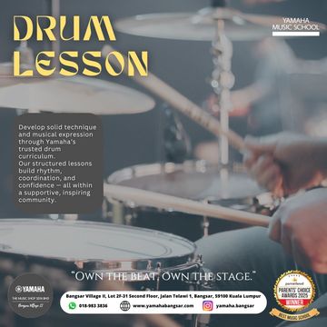 Drum lesson advertisement featuring Yamaha's trusted curriculum and supportive community.