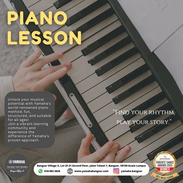 Hands playing a piano keyboard with text promoting Yamaha piano lessons.