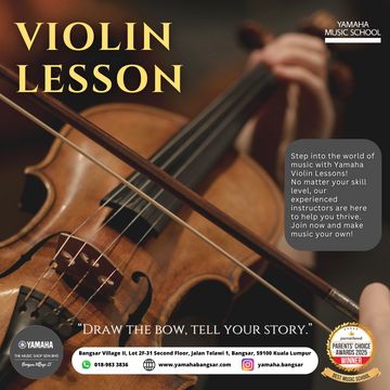 Close-up of violin and bow promoting Yamaha violin lessons.