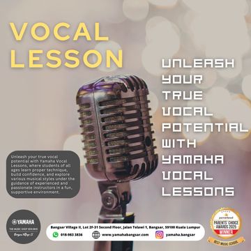 Vintage microphone promoting Yamaha vocal lessons to unleash vocal potential.