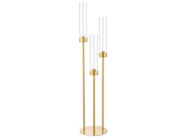 Tall gold candle holder with three candles.