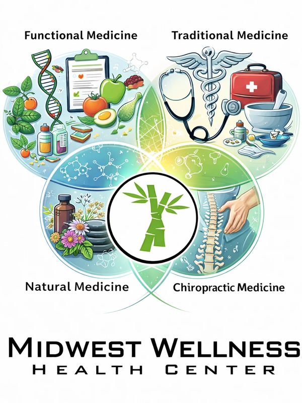 Venn diagram illustrating Functional, Traditional, Natural, and Chiropractic Medicine at Midwest Wellness Health Center.