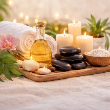 Spa setup with candles, stones, oil, and towels for relaxation.