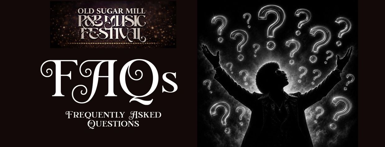 Old Sugar Mill R&amp;B Music Festival FAQs with a silhouette surrounded by question marks.