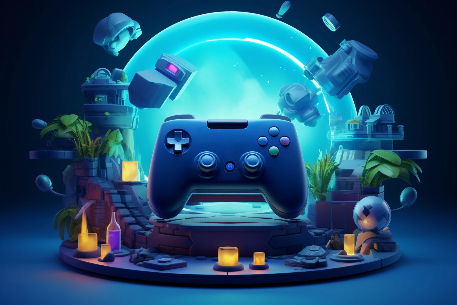 A futuristic game controller floats amid glowing candles and plants in a mystical blue setting.