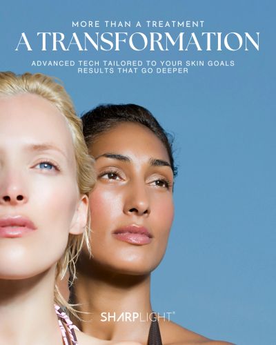 Two women showcasing flawless skin under blue sky.