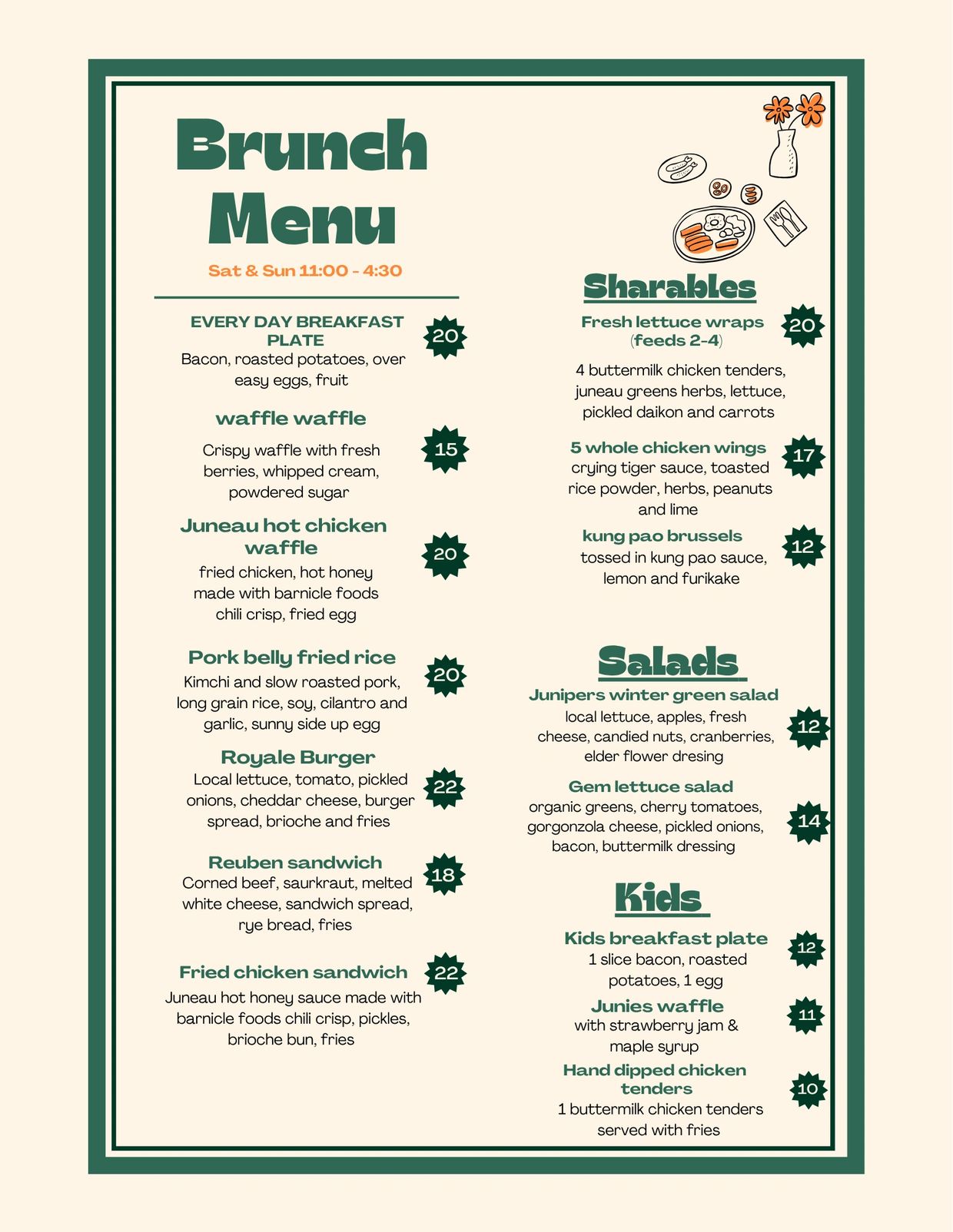 Brunch menu featuring breakfast plates, sharables, salads, and kids options with prices.