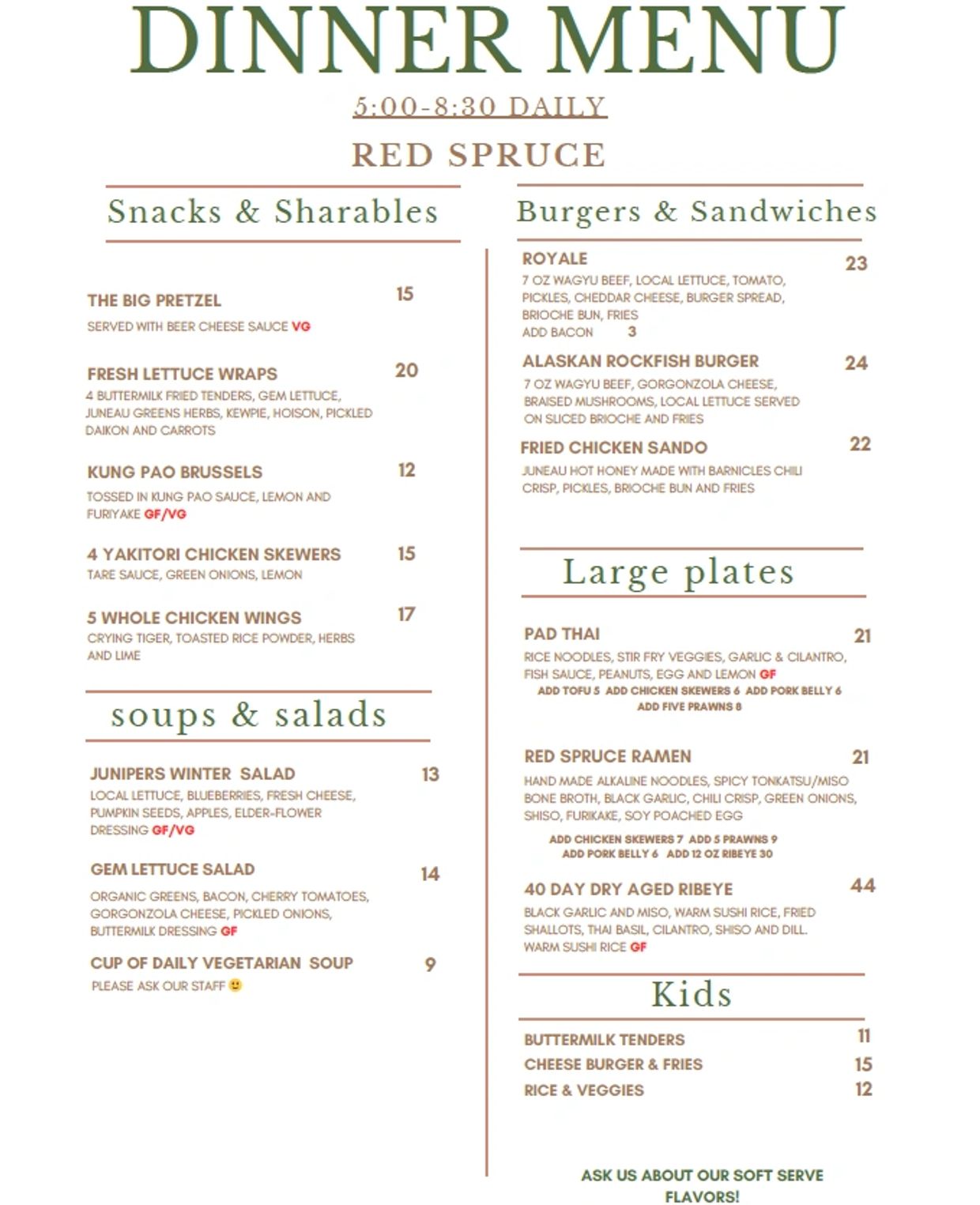 Dinner menu featuring snacks, salads, burgers, large plates, and kids' options.