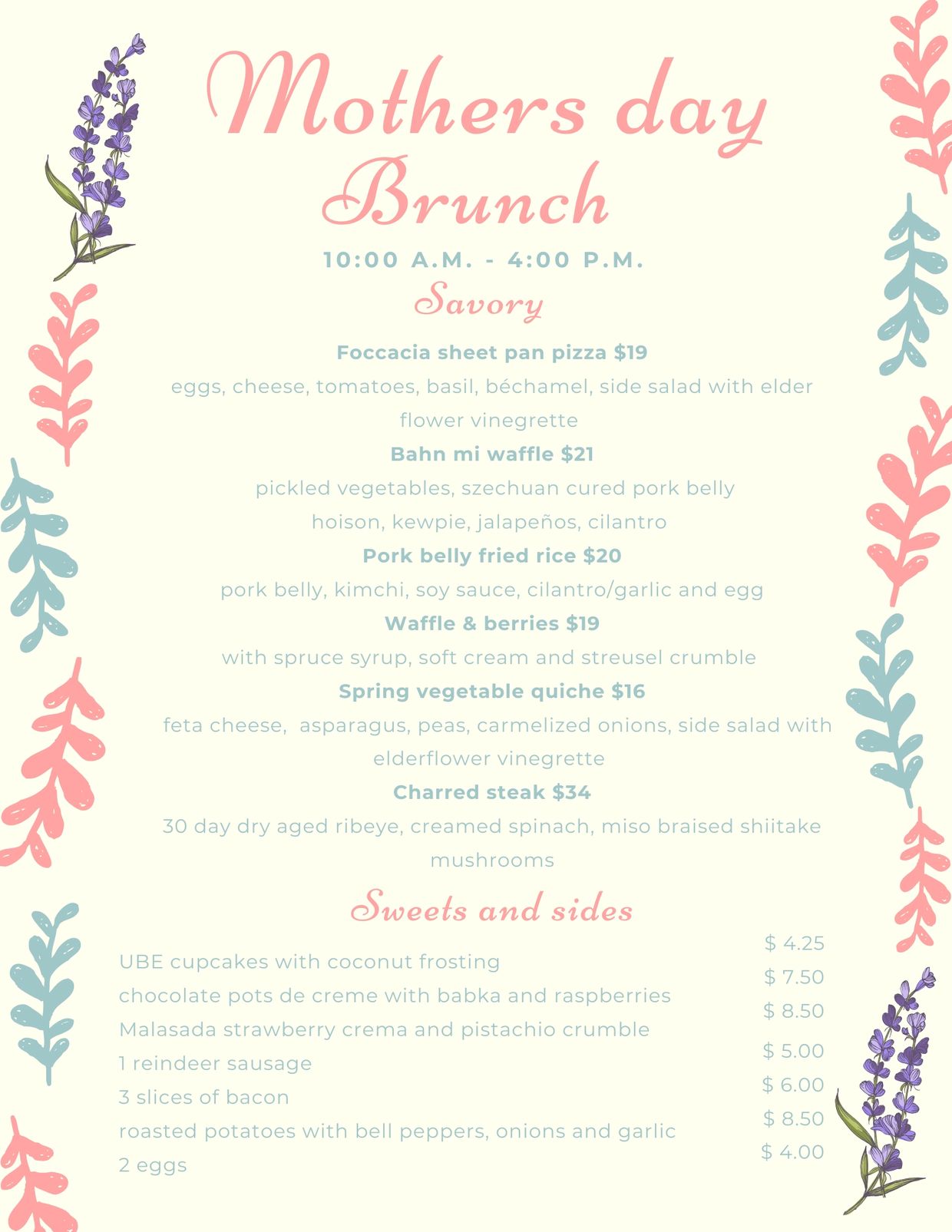 Mothers Day Brunch menu with savory dishes and sweets, decorated with floral designs.