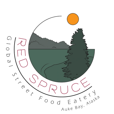 Logo of Red Spruce with tree, path, and orange sun.