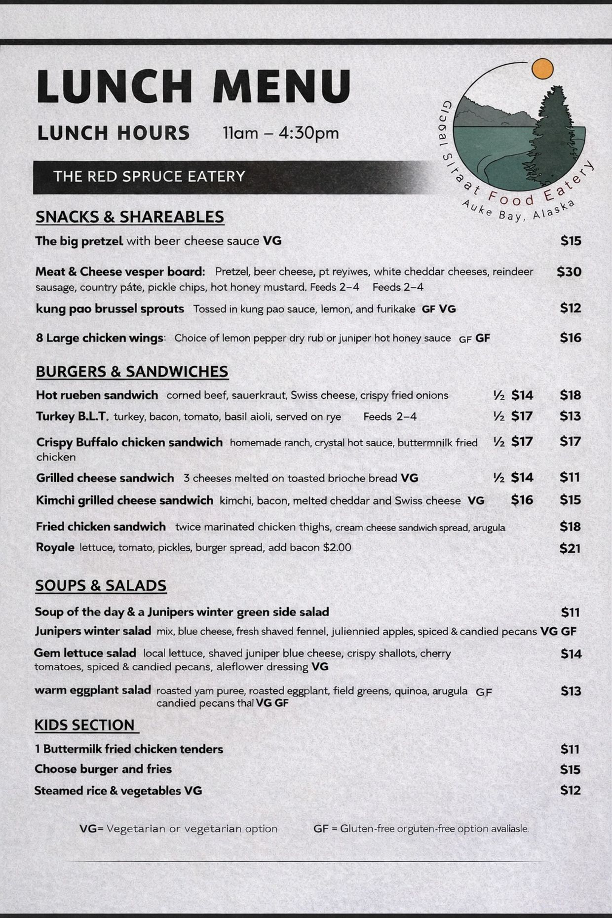 Example lunch menu at Forbidden Peak Brewery